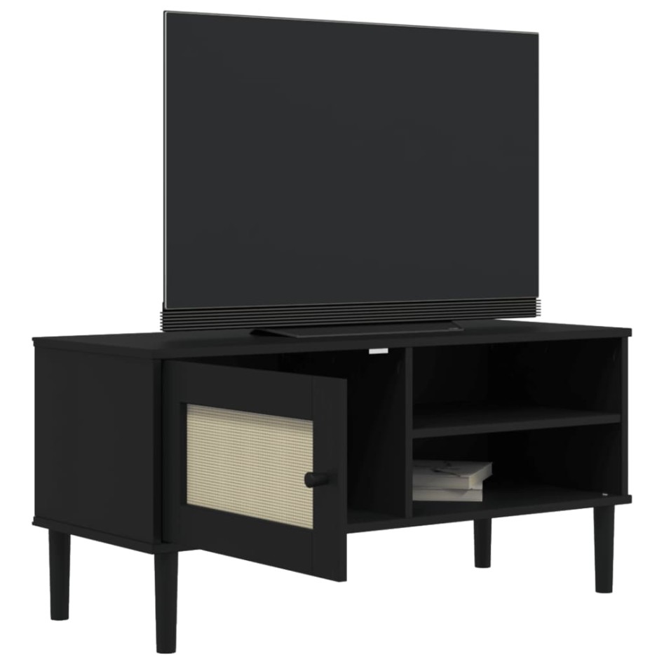 Mueble de TV SENJA aspecto ratán madera pino negro 106x40x49