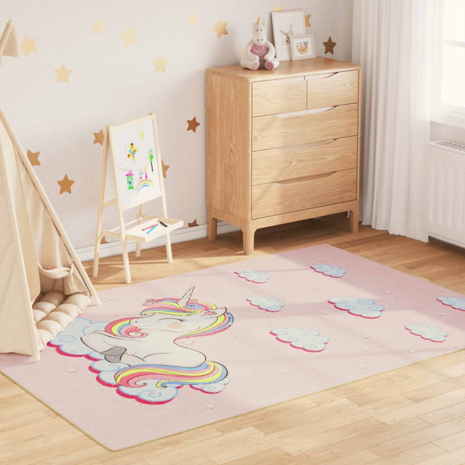Alfombra niños lavable antideslizante unicornio rosa 160x230