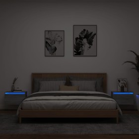 Mesitas de noche de pared con luces LED 2 unidades gris
