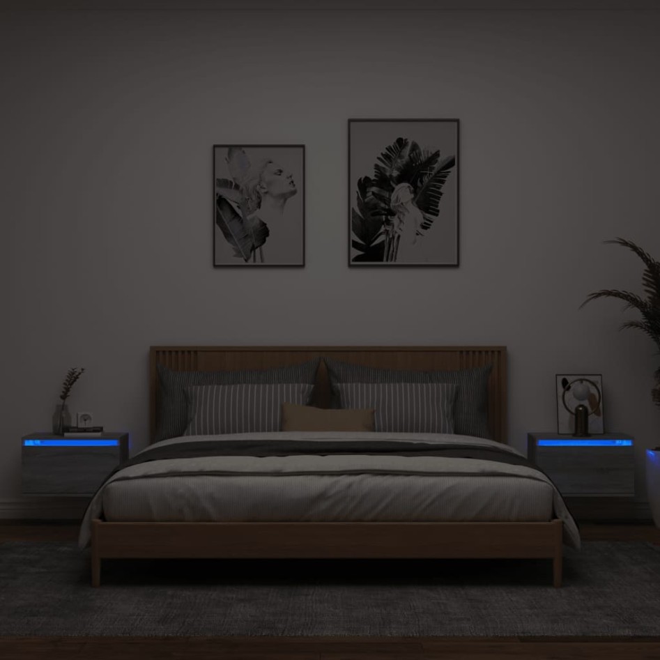 Mesitas de noche de pared con luces LED 2 unidades gris