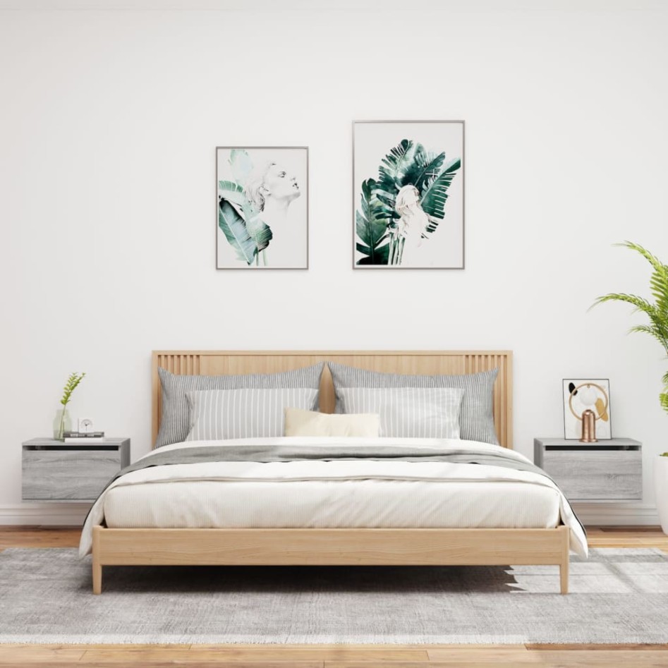 Mesitas de noche de pared con luces LED 2 unidades gris