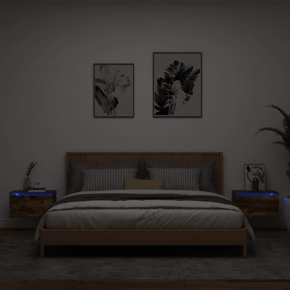 Mesitas de noche de pared con luces LED 2 uds roble