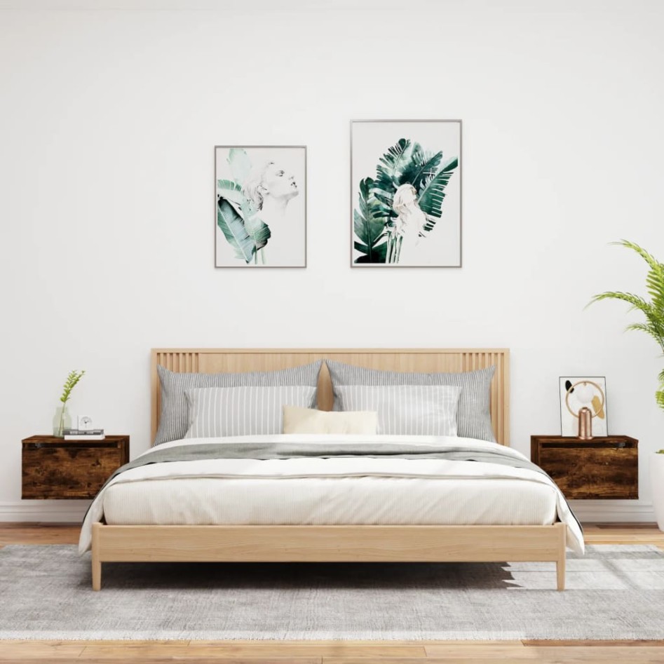 Mesitas de noche de pared con luces LED 2 uds roble