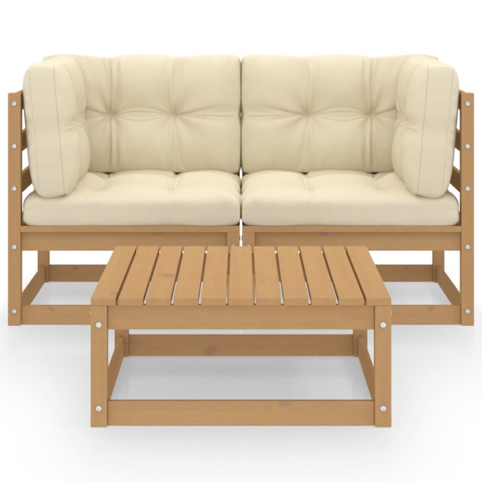 Juego de muebles de jardín 3 pzas y cojines madera pino