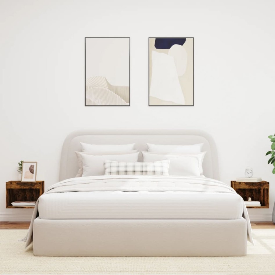 Mesitas de noche de pared con luces LED 2 uds roble