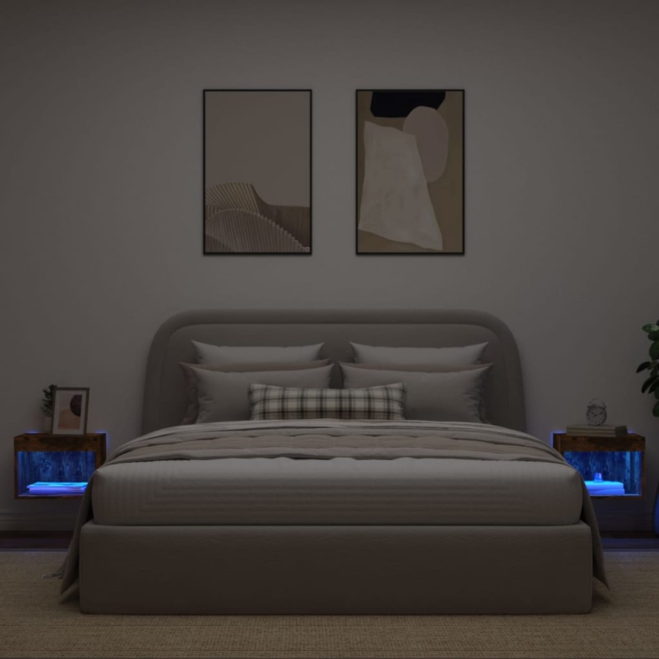 Mesitas de noche de pared con luces LED 2 uds roble