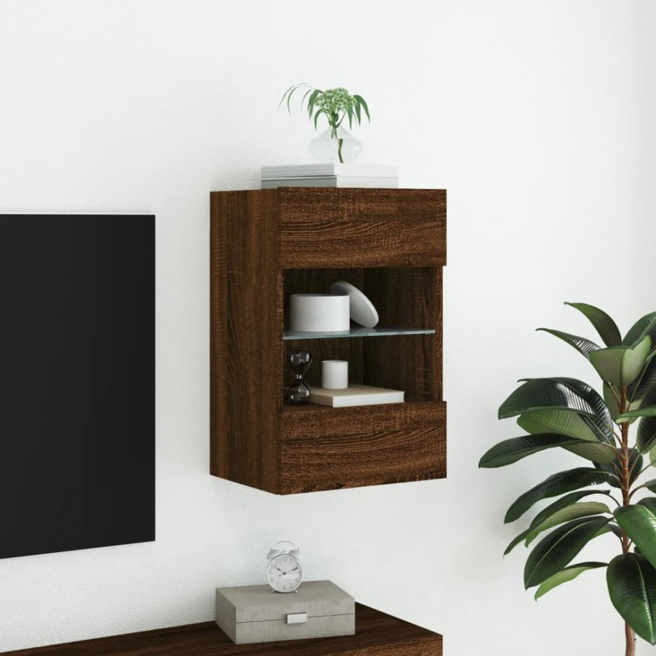 Mueble de TV de pared con luces LED roble marrón 40x30x60,5