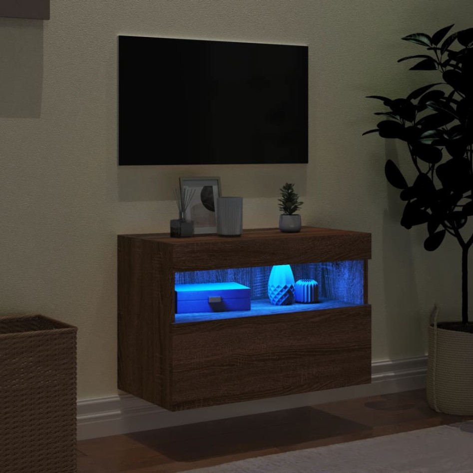 Mueble de TV de pared con luces LED roble marrón 60x30x40