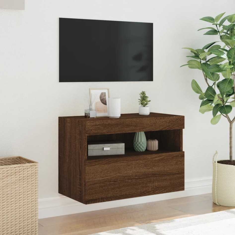 Mueble de TV de pared con luces LED roble marrón 60x30x40