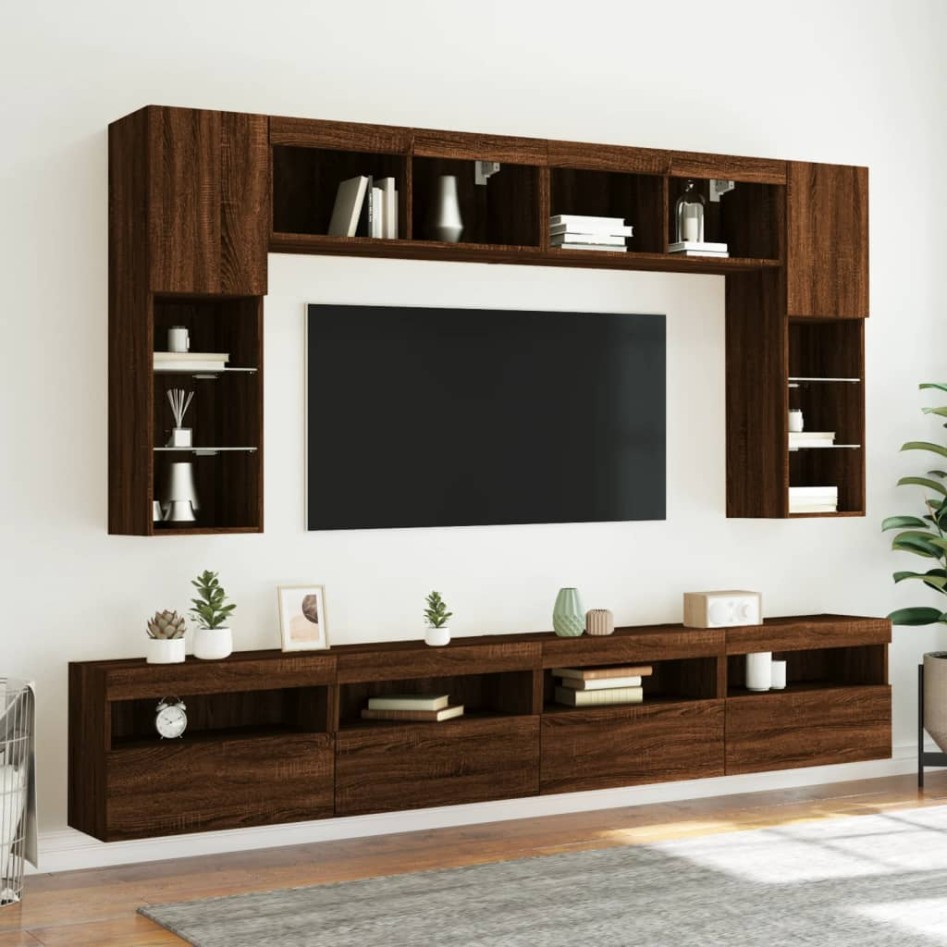 Mueble de TV de pared con luces LED roble marrón 60x30x40