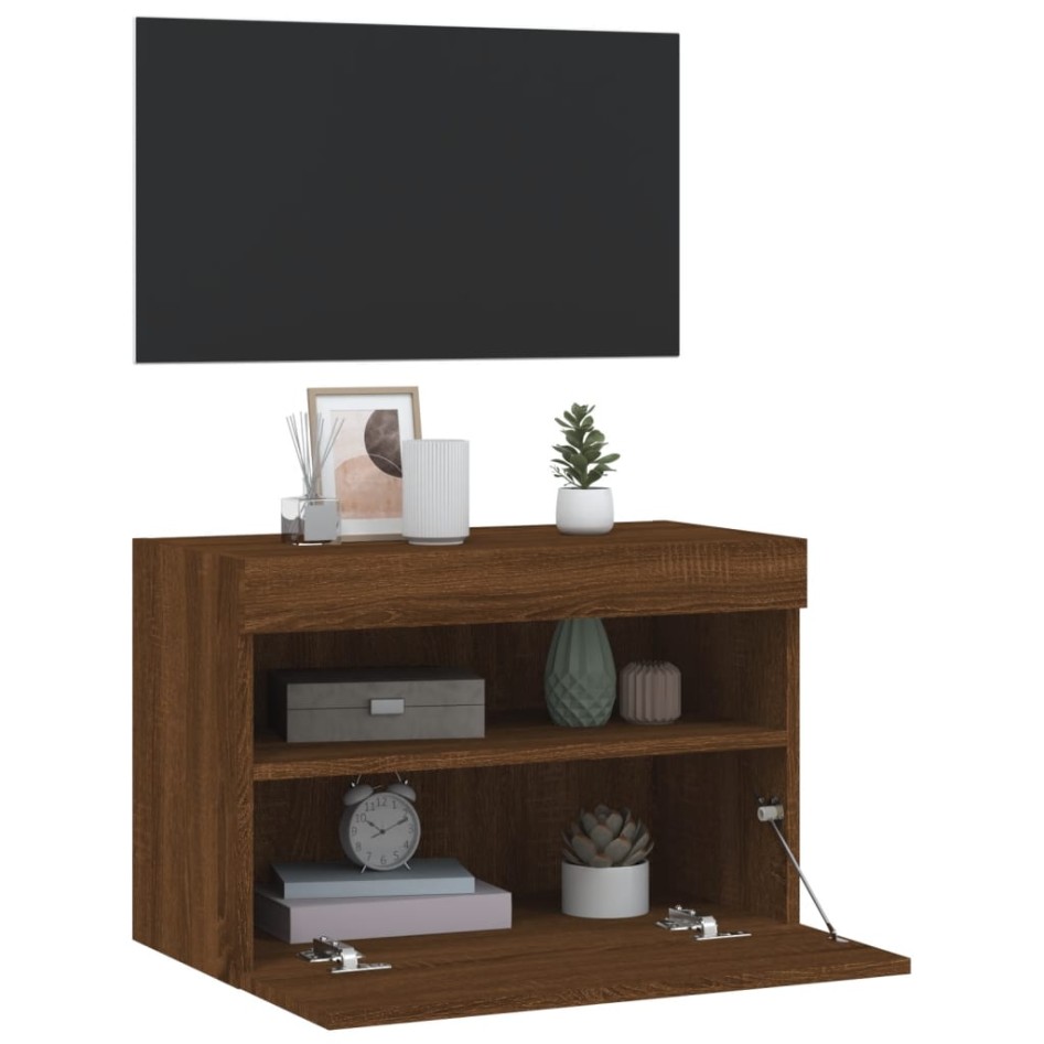 Mueble de TV de pared con luces LED roble marrón 60x30x40