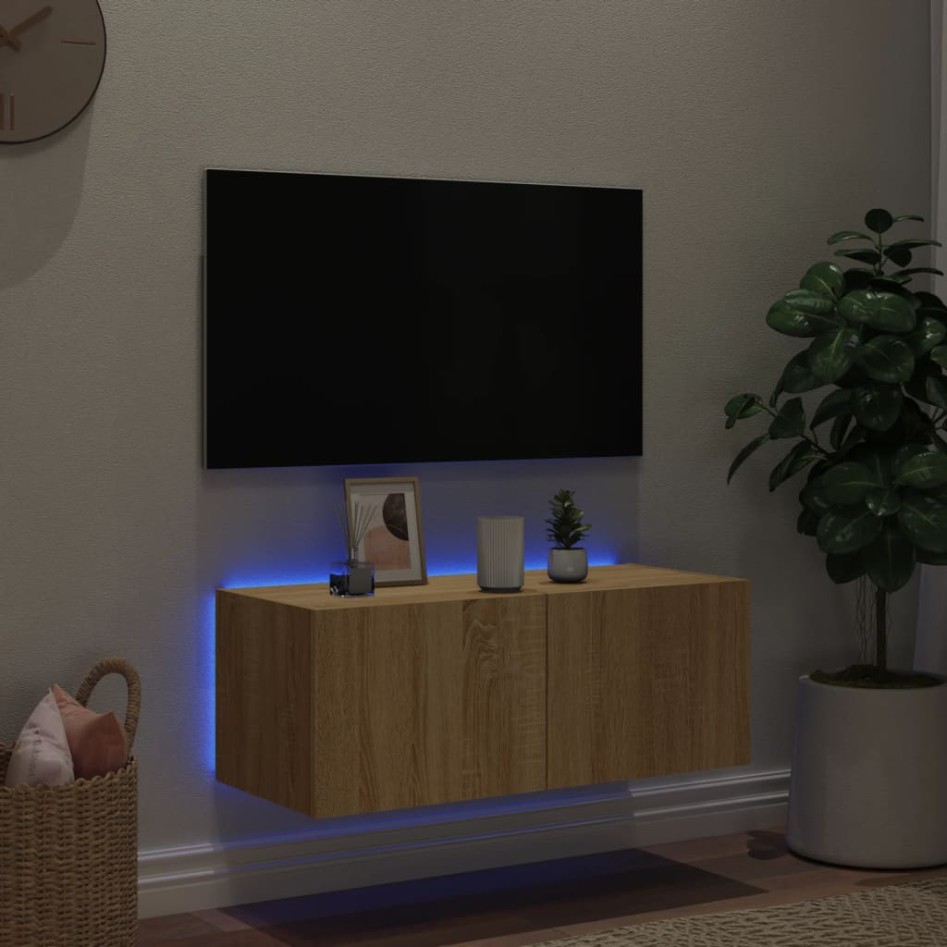 Mueble de TV de pared con luces LED roble Sonoma 80x35x31