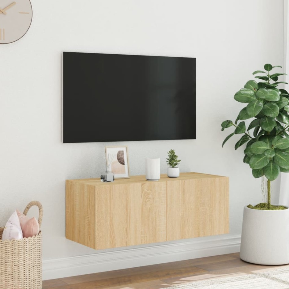 Mueble de TV de pared con luces LED roble Sonoma 80x35x31