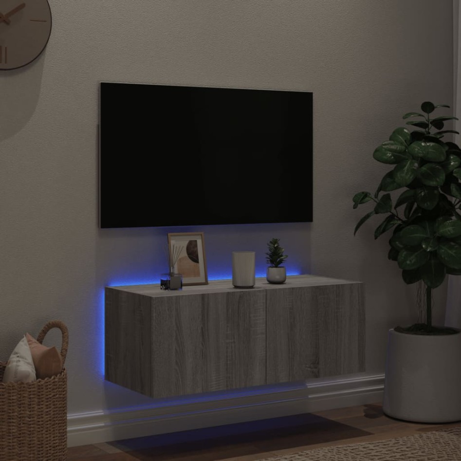 Mueble de TV de pared con luces LED gris Sonoma 80x35x31