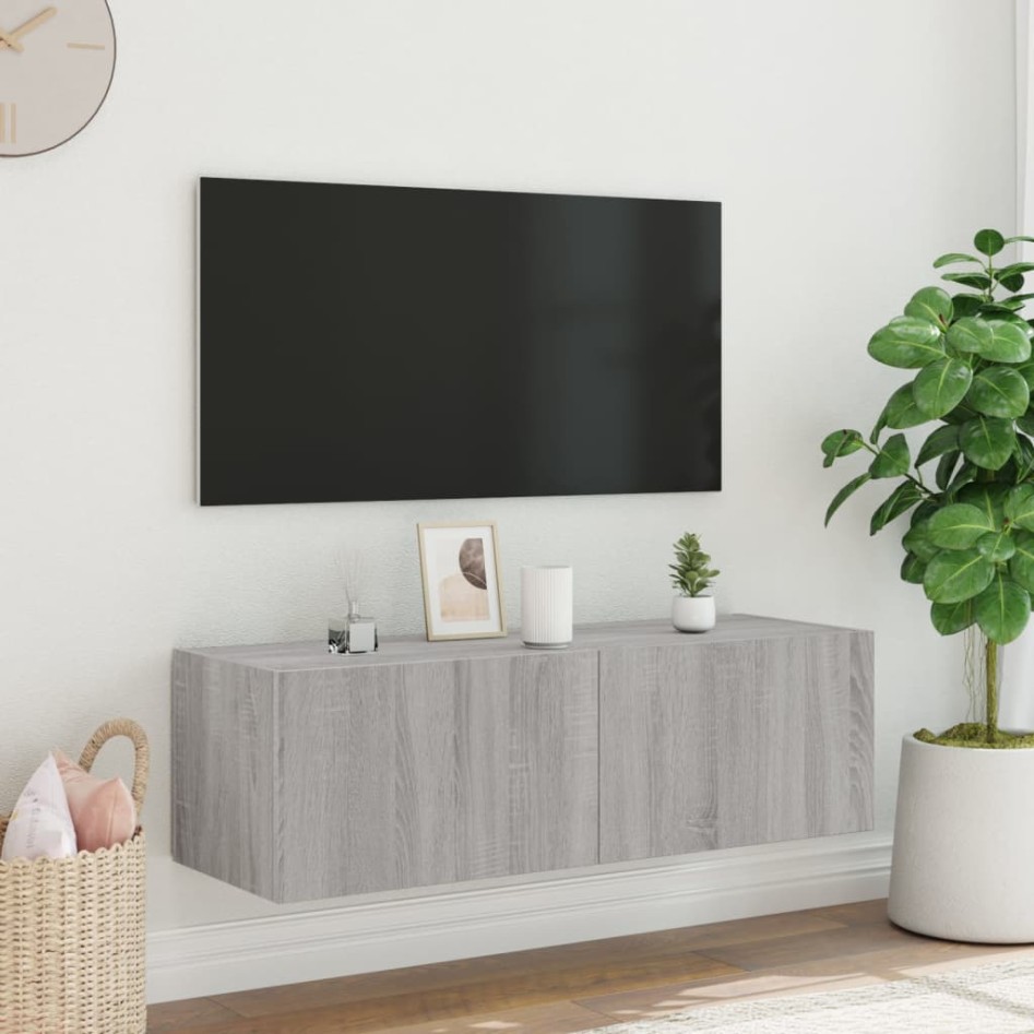 Mueble de TV de pared con luces LED gris Sonoma 100x35x31
