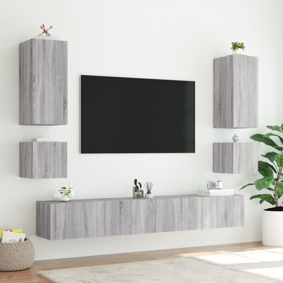 Mueble de TV de pared con luces LED gris Sonoma 100x35x31