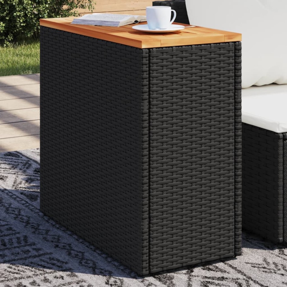 Mesa auxiliar jardín tapa madera ratán PE negro 58x27,5x55