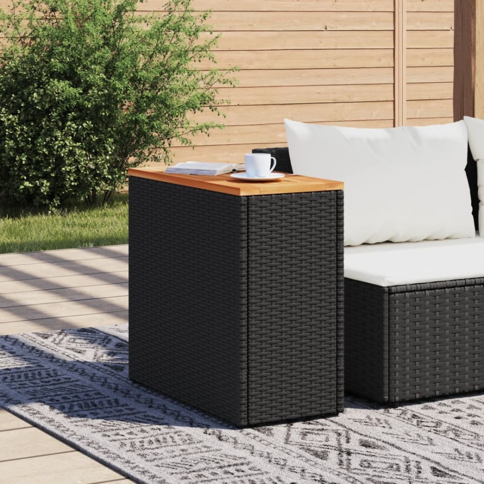 Mesa auxiliar jardín tapa madera ratán PE negro 58x27,5x55