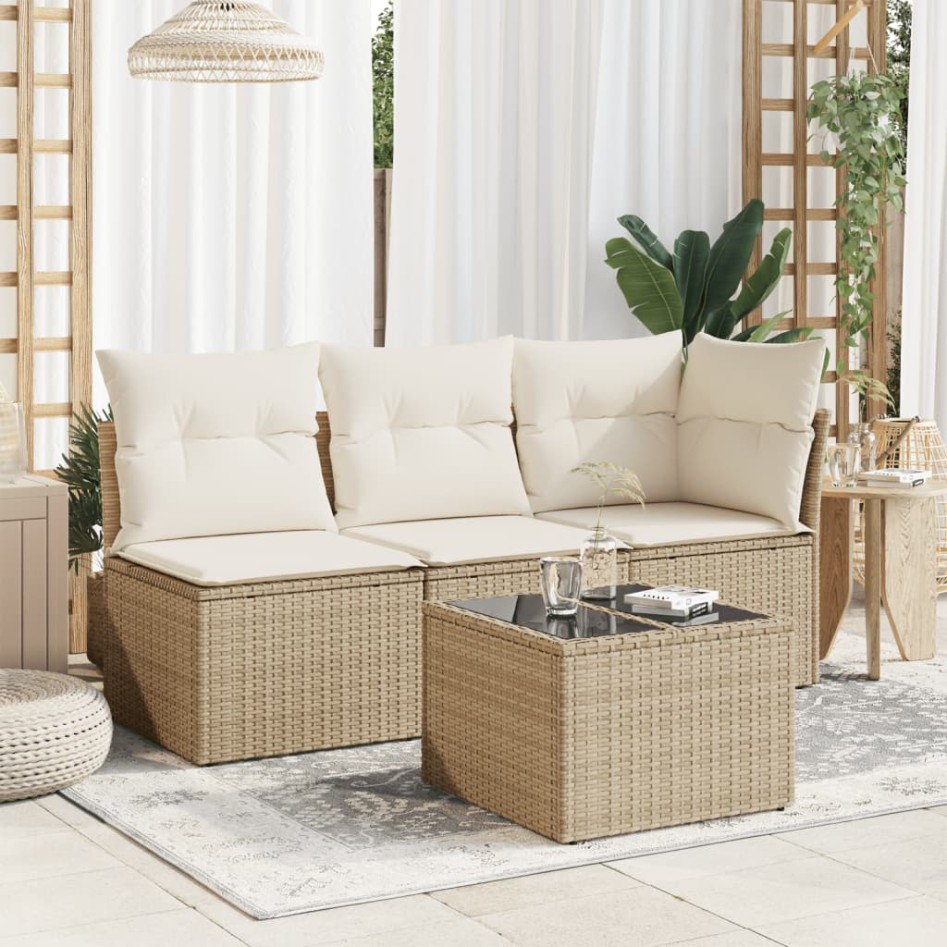 Mesa de jardín superficie de vidrio ratán PE beige 55x55x37