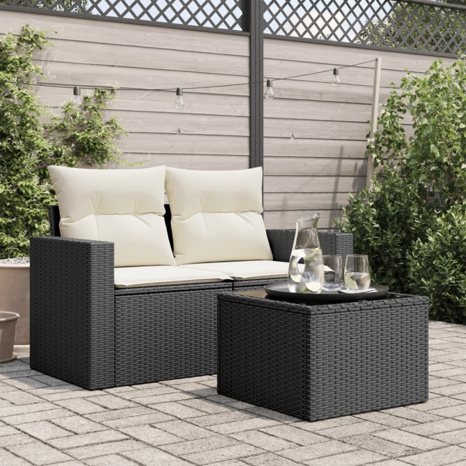 Mesa de jardín superficie de vidrio ratán PE negro 55x55x37