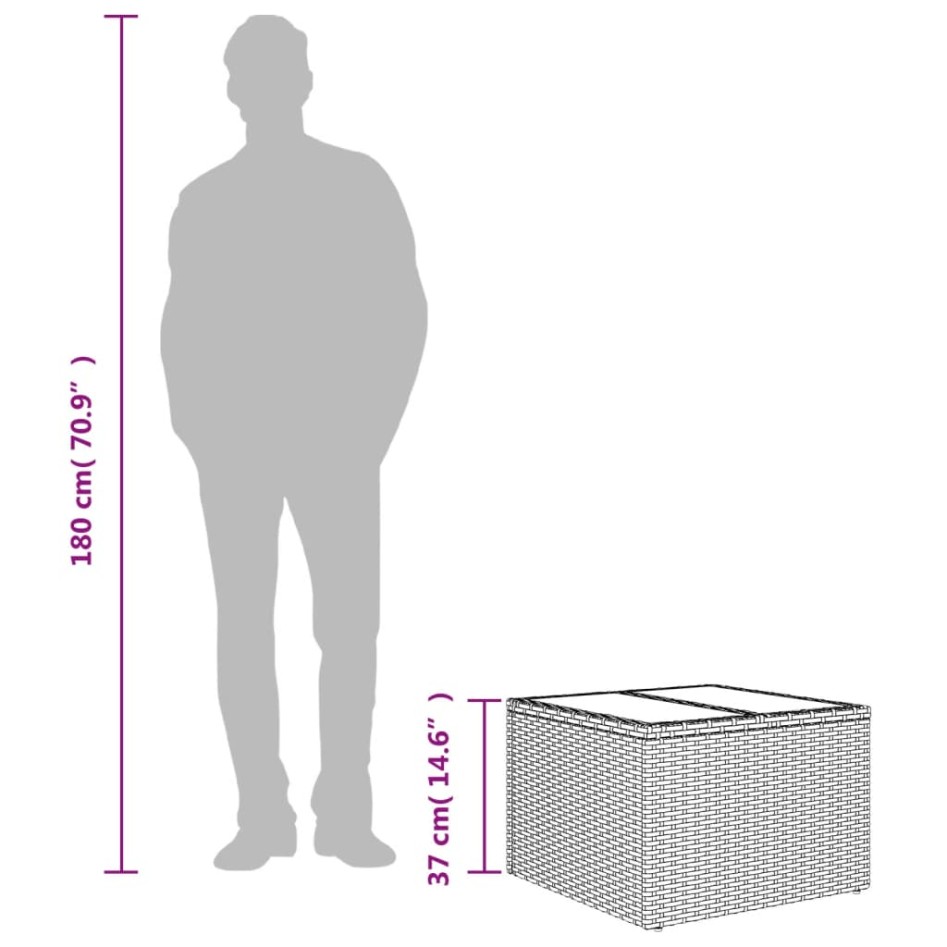 Mesa de jardín superficie de vidrio ratán PE negro 55x55x37