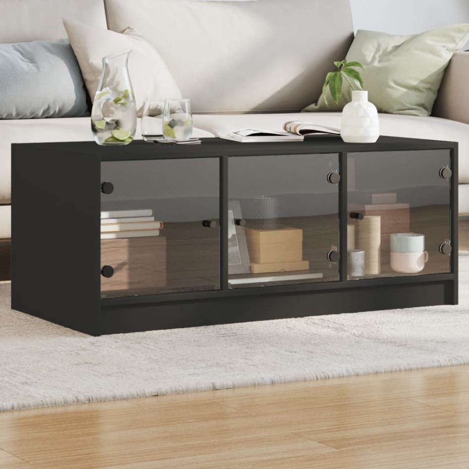 Mesa de centro con puertas de vidrio negra 102x50x42