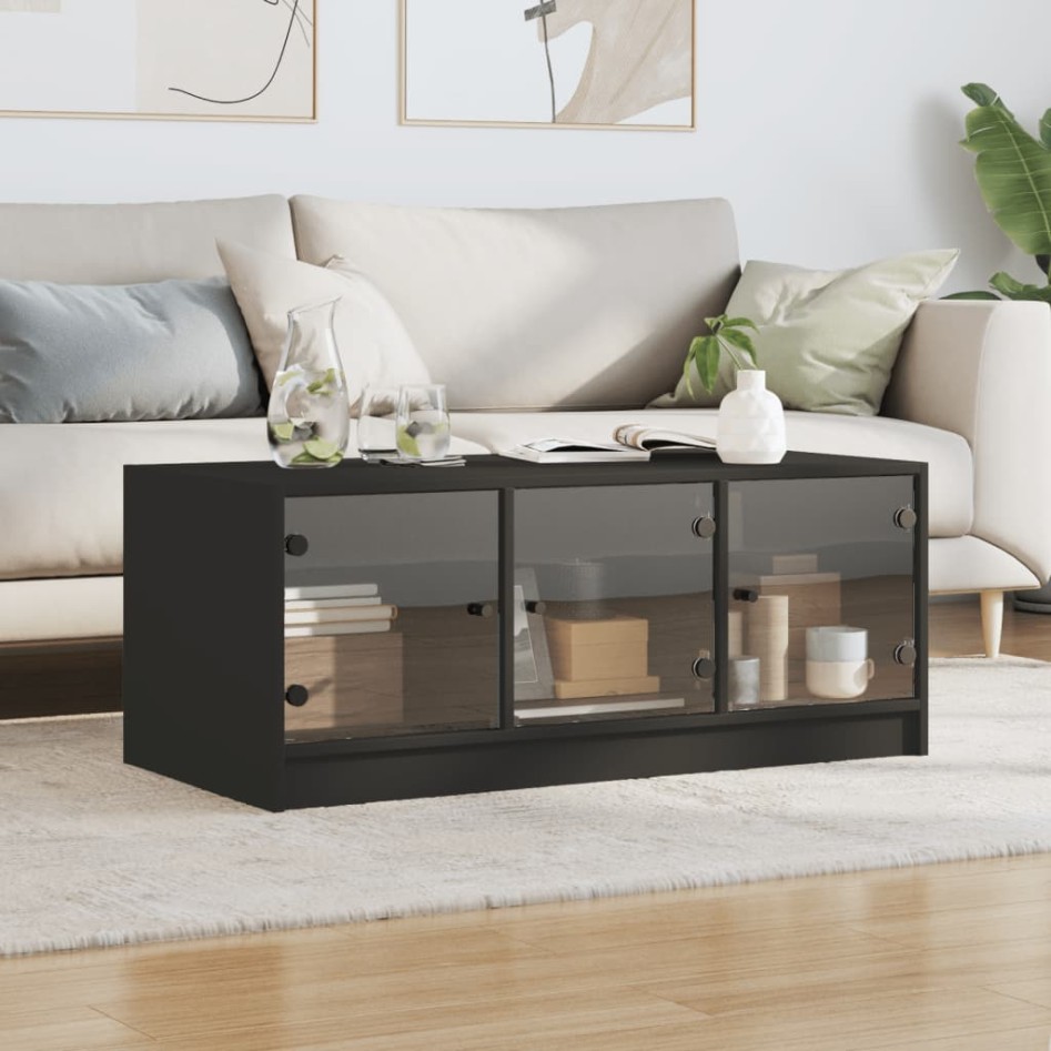 Mesa de centro con puertas de vidrio negra 102x50x42
