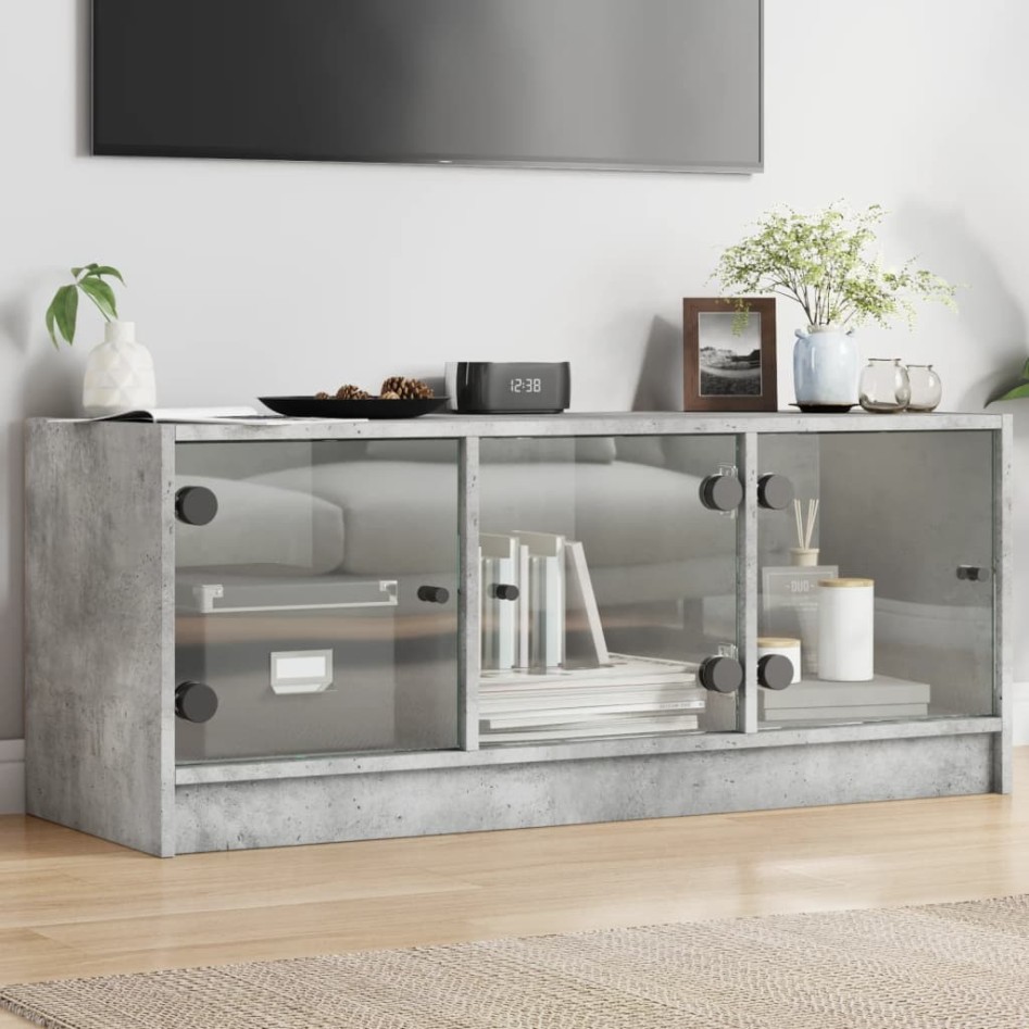 Mueble de TV con puertas de vidrio gris hormigón 102x37x42