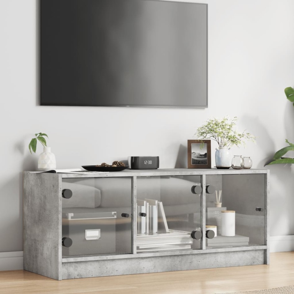 Mueble de TV con puertas de vidrio gris hormigón 102x37x42