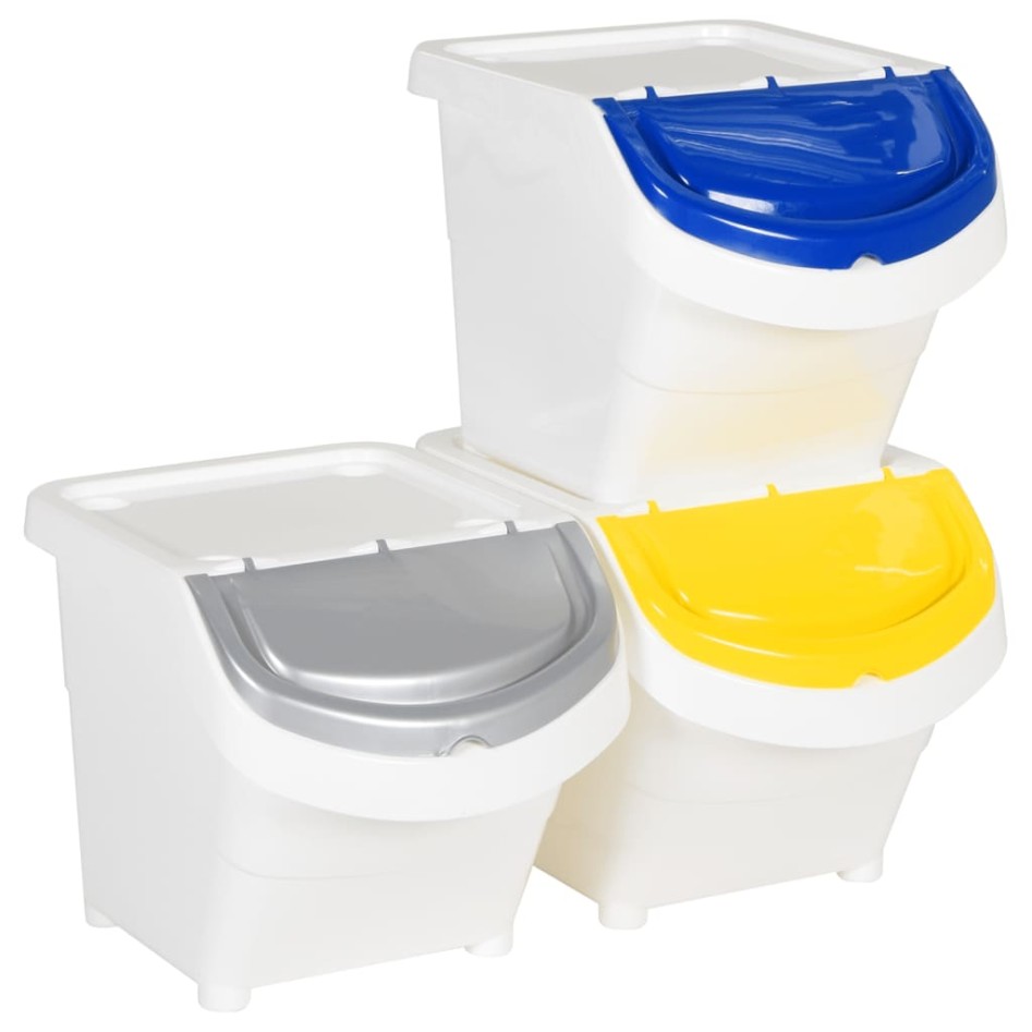 Cubos de basura apilables con tapa 3 uds PP blanco 78