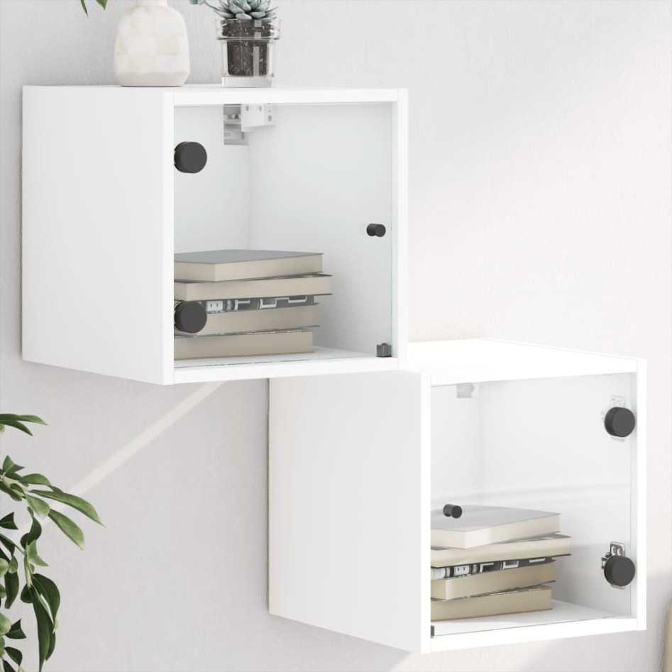 Mesitas de noche con puertas de vidrio 2 uds blanco 35x37x35