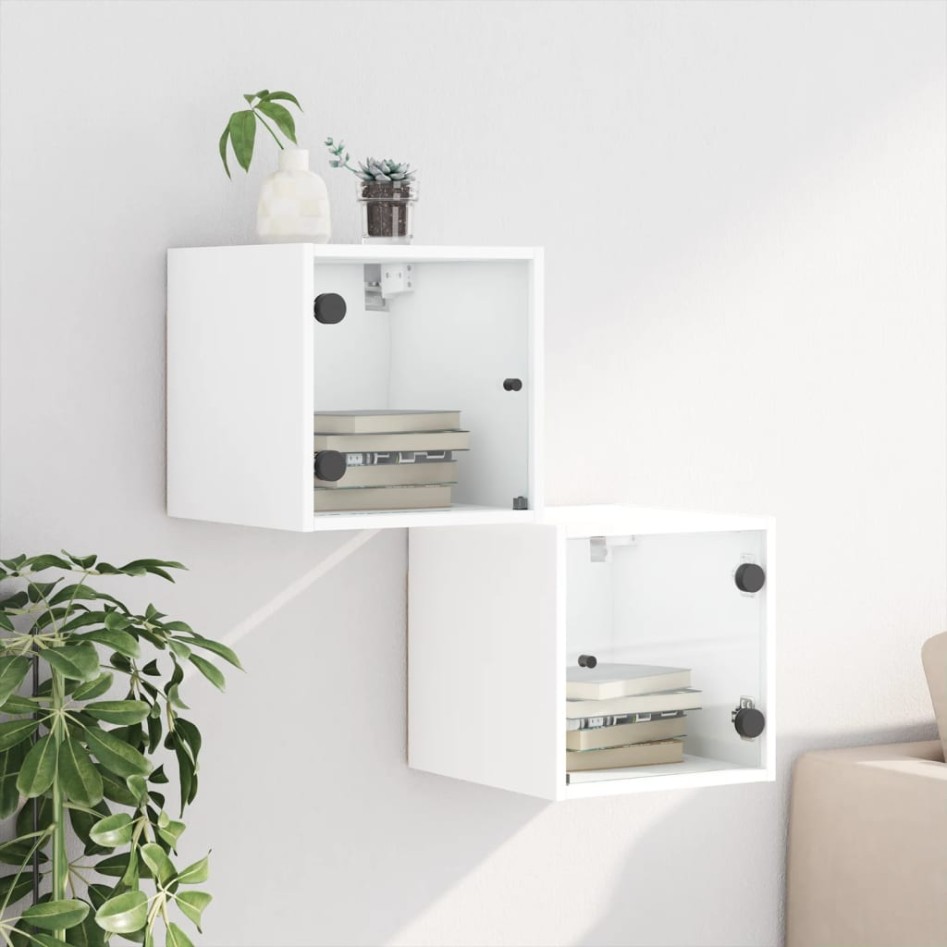 Mesitas de noche con puertas de vidrio 2 uds blanco 35x37x35