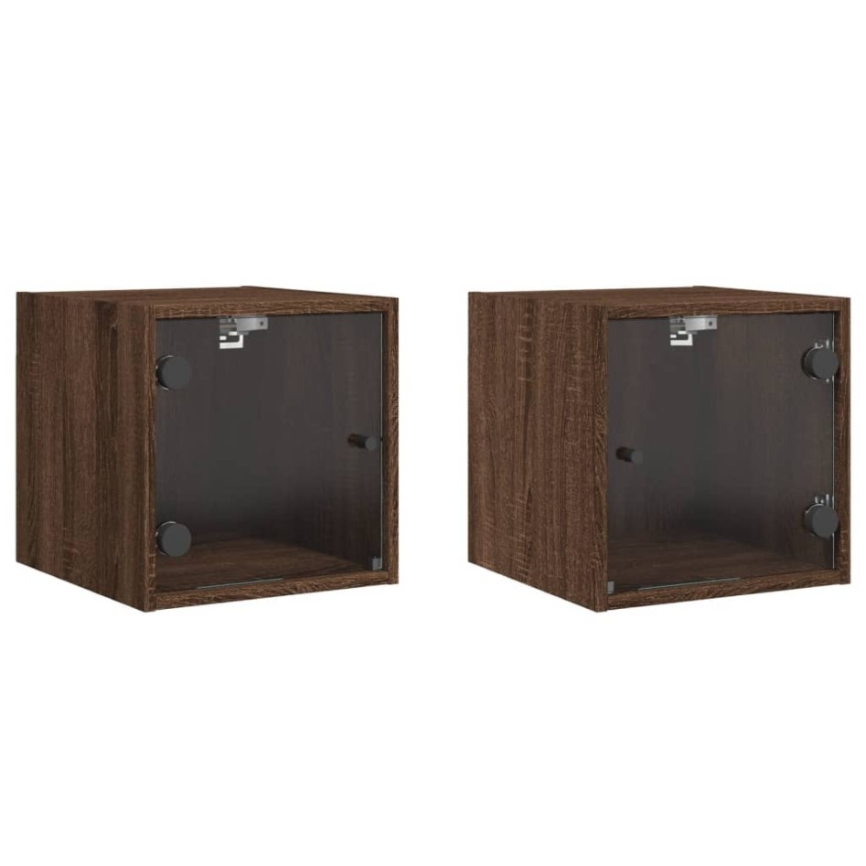 Mesitas noche con puertas vidrio 2 uds roble marrón 35x37x35
