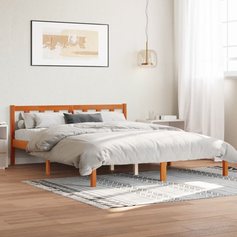 Cama sin colchón madera maciza de pino marrón cera 160x200