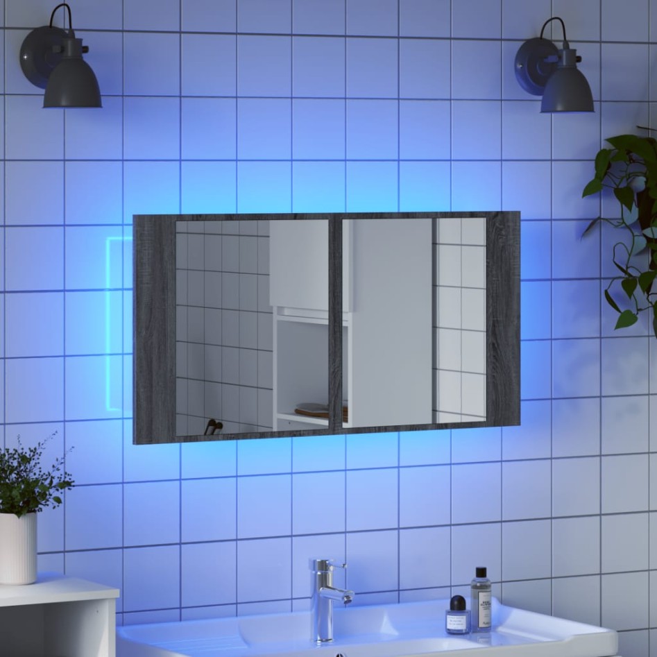 Armario espejo de baño luz LED acrílico gris Sonoma 90x12x45