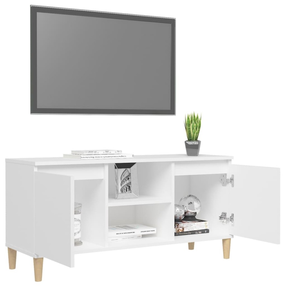 Mueble de TV con patas de madera maciza blanco 103,5x35x50