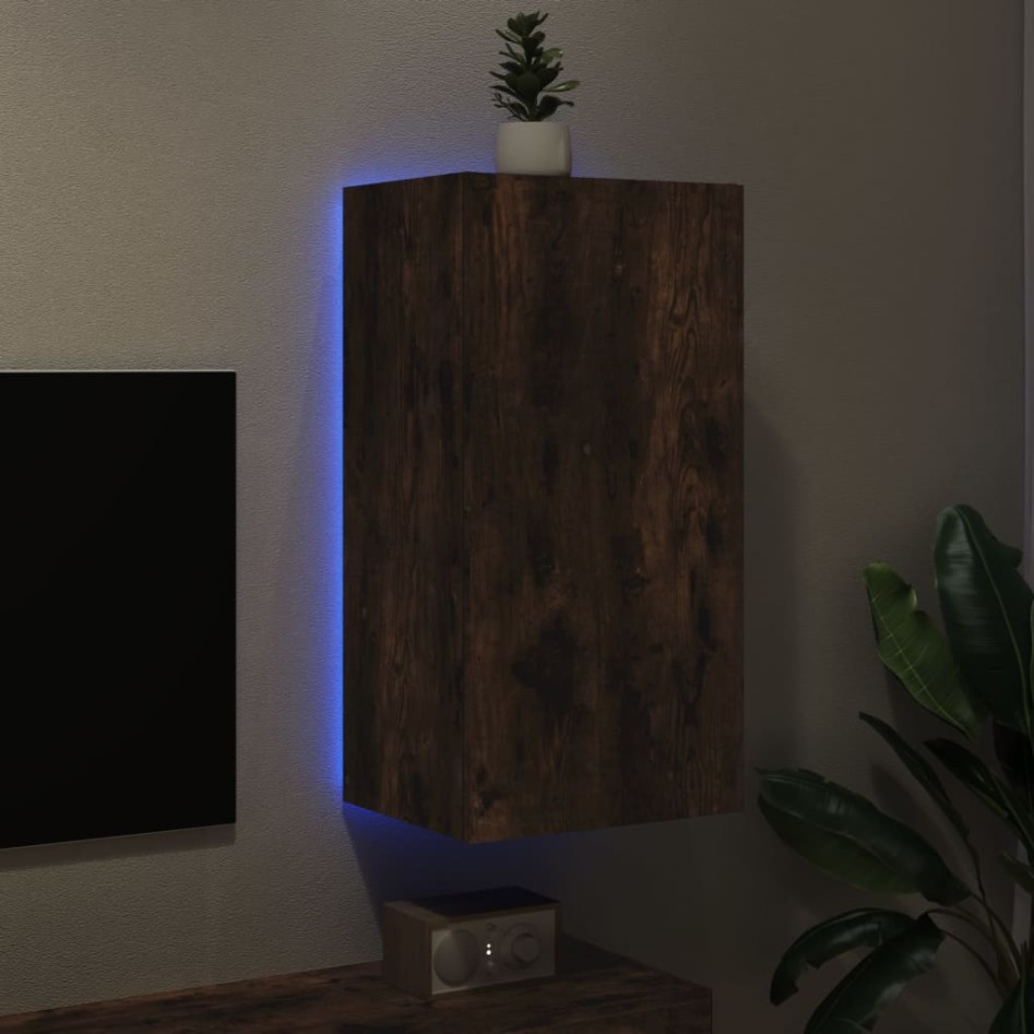 Mueble de TV de pared con luces LED roble ahumado 30,5x35x80