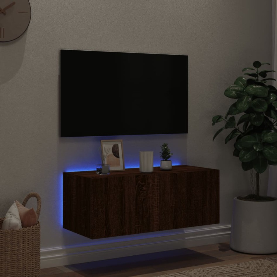 Mueble de TV de pared con luces LED marrón roble 80x35x31