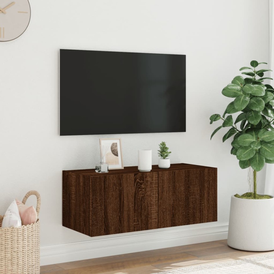 Mueble de TV de pared con luces LED marrón roble 80x35x31