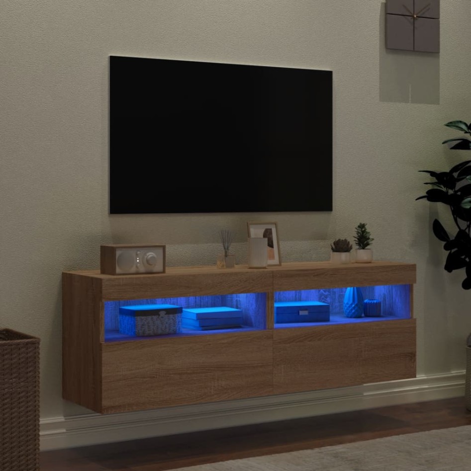 Muebles de TV de pared luces LED 2 uds roble Sonoma 60x30x40