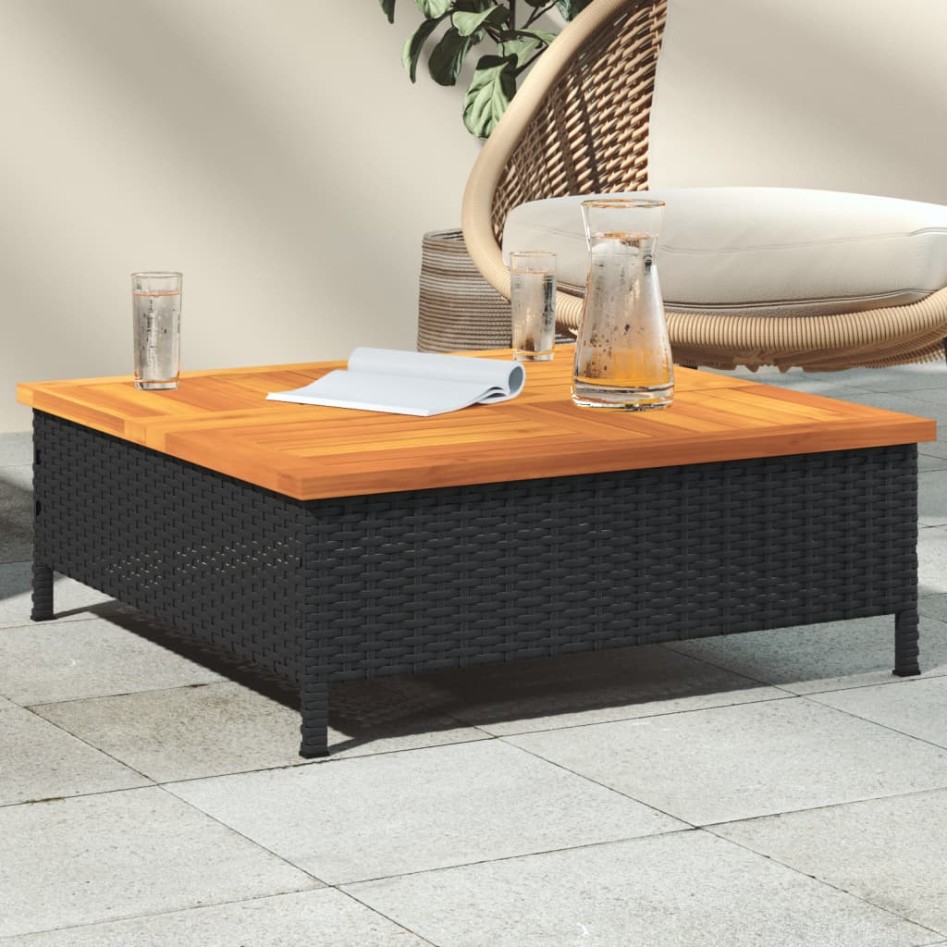 Mesa de jardín ratán y madera de acacia negro 70x70x25