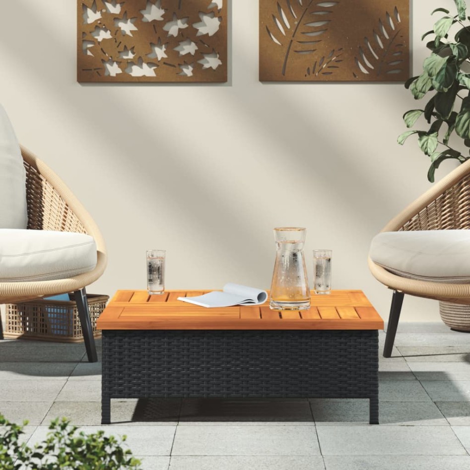Mesa de jardín ratán y madera de acacia negro 70x70x25