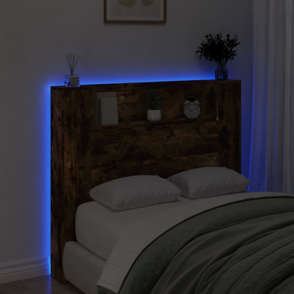 Cabecero de cama con luz LED roble ahumado 120x16,5x103,5