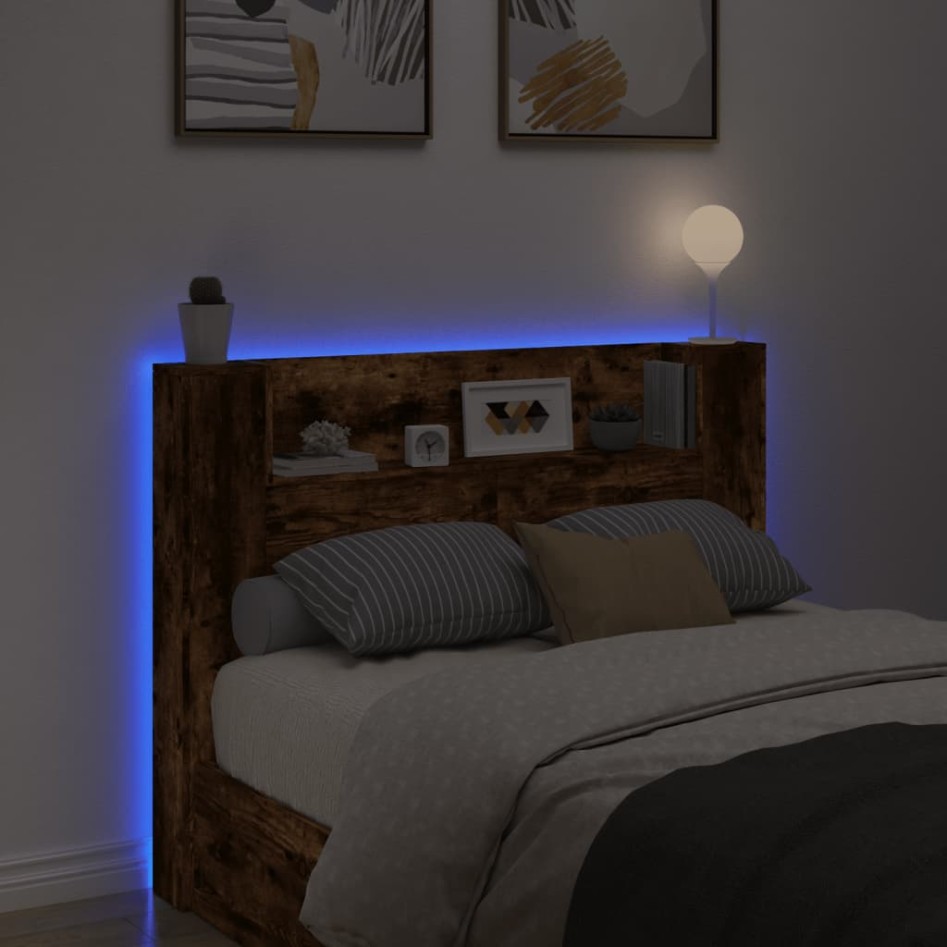 Cabecero de cama con luz LED roble ahumado 140x16,5x103,5