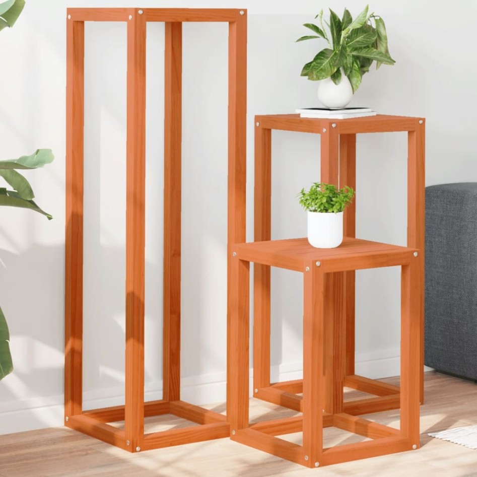 Soportes para plantas 3 piezas madera maciza pino marrón