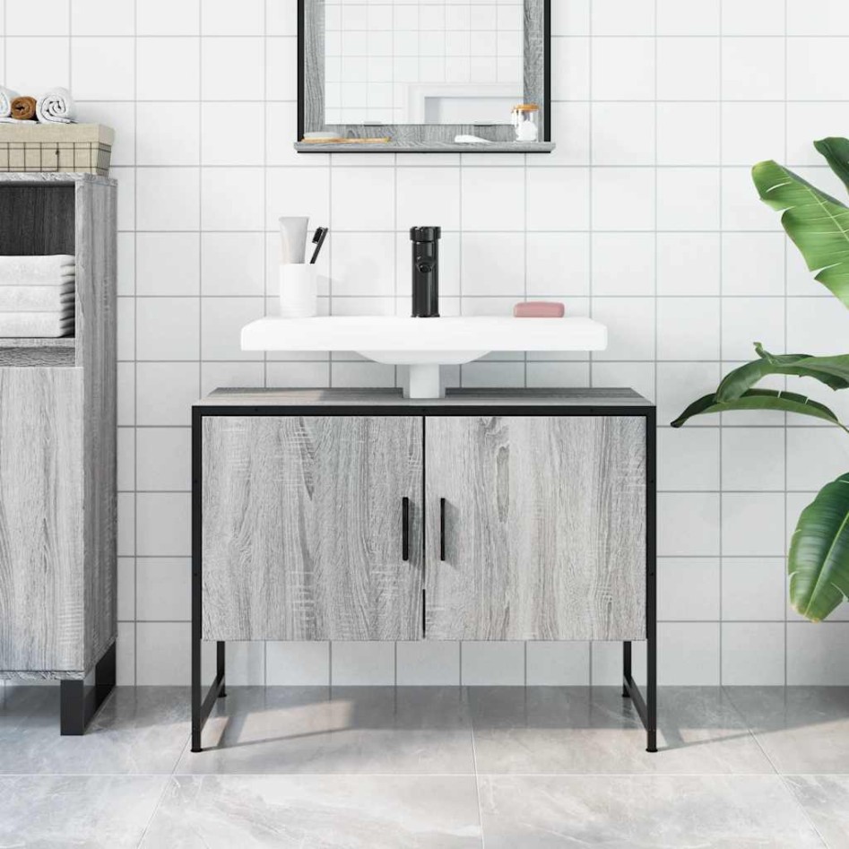 Armario lavabo baño madera ingeniería gris Sonoma 80x33x60