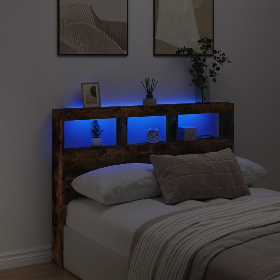 Cabecero de cama con luz LED roble ahumado 140x17x102