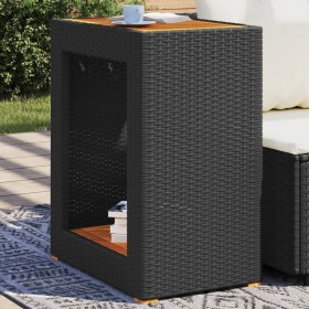 Mesa auxiliar jardín tapa madera ratán PE negro 60x40x75