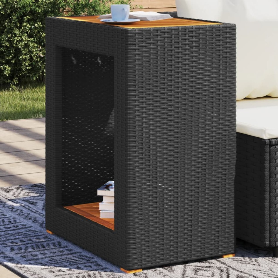 Mesa auxiliar jardín tapa madera ratán PE negro 60x40x75