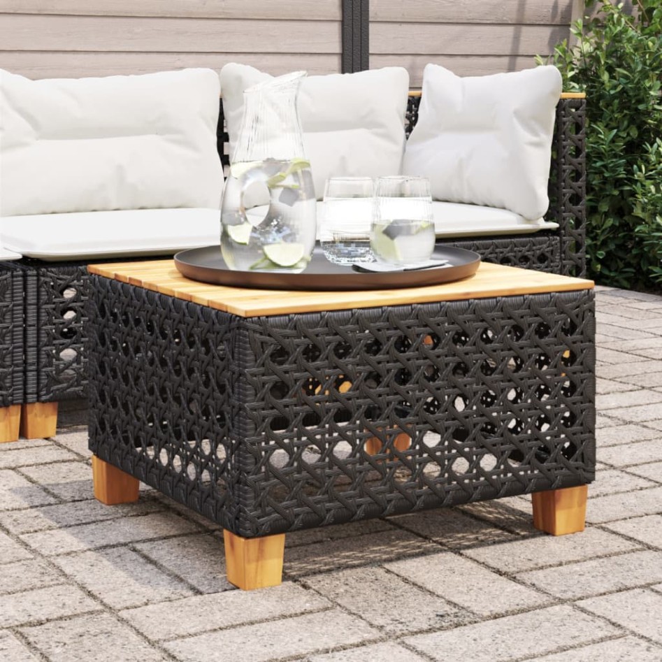 Mesa de jardín ratán PE y madera acacia negro 55x55x36
